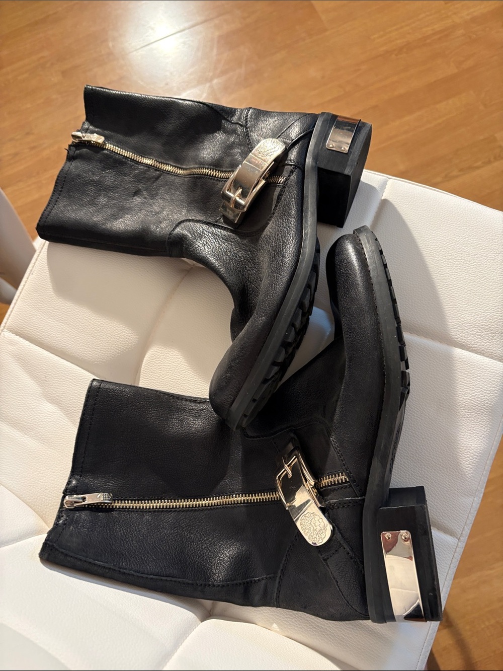 Vince Camuto Black Leather Moto Ankle Boot with Gold Heel Plate